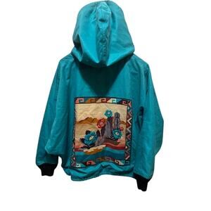 Vintage 80s 90s Southwestern Desert Cactus Hooded Jacket Teal Oversized Boho